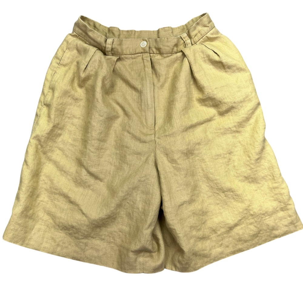 Anne Klein Linen Shorts Pleated High Waist Khaki Beige Summer Sz 12 Fits 28"